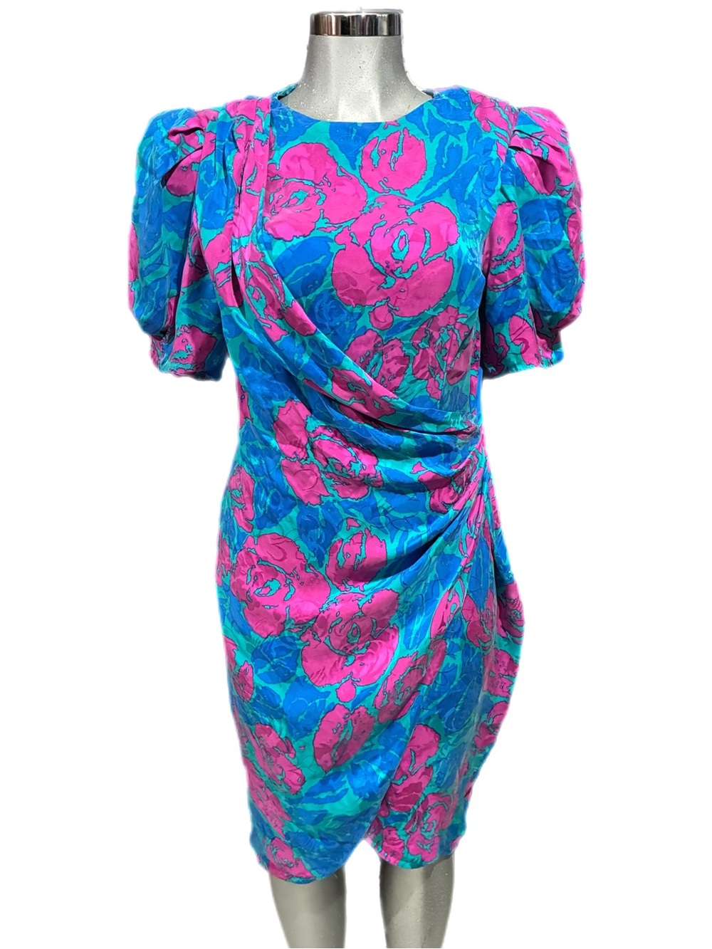 Vintage 80s Flora Kung II Vibrant Floral Silk Dress Blue/Pink Puff-Sleeve Medium